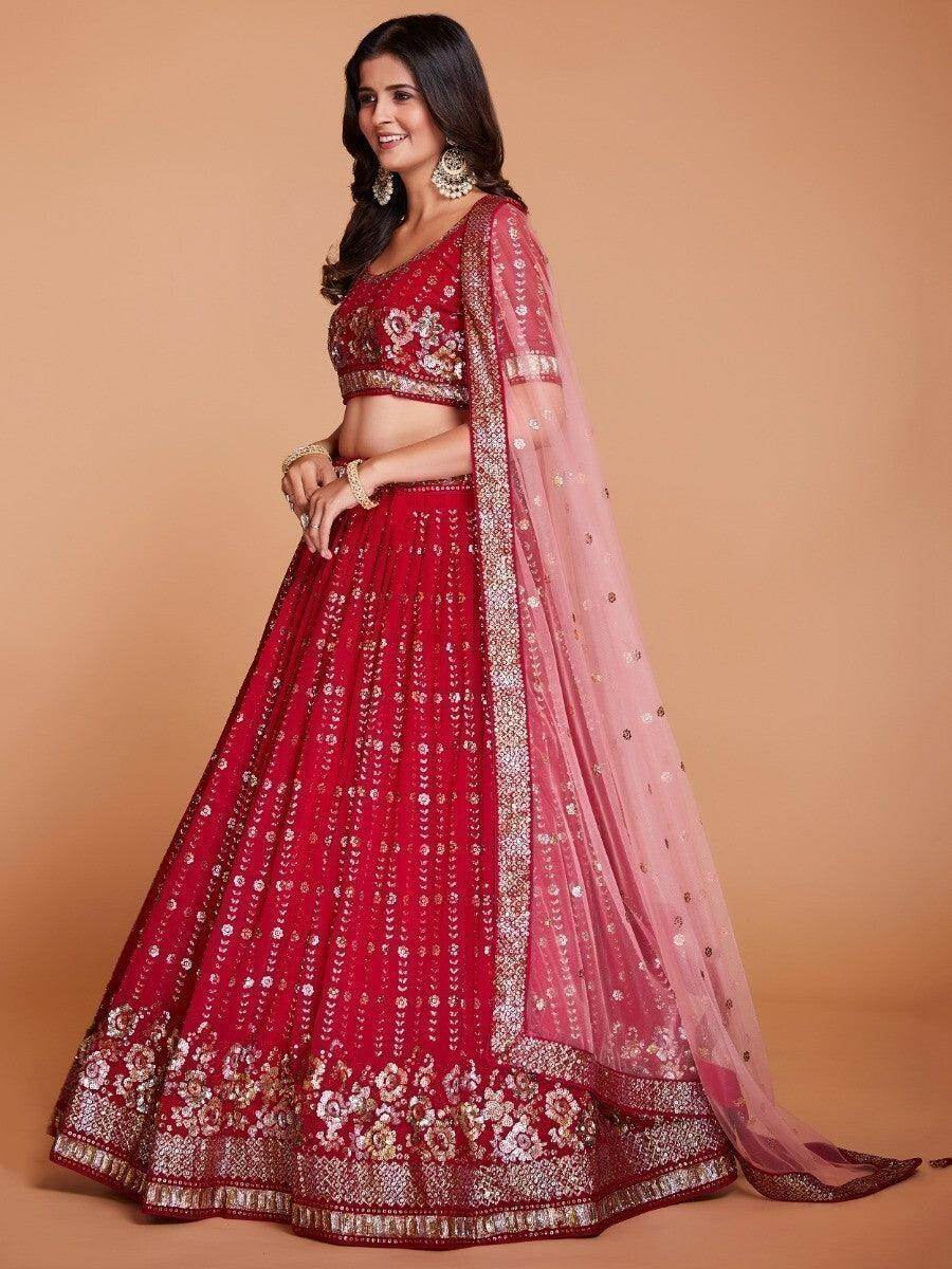 Attractive Red Sequins Georgette Wedding Wear Lehenga Choli With Dupatta - Zeel Clothing