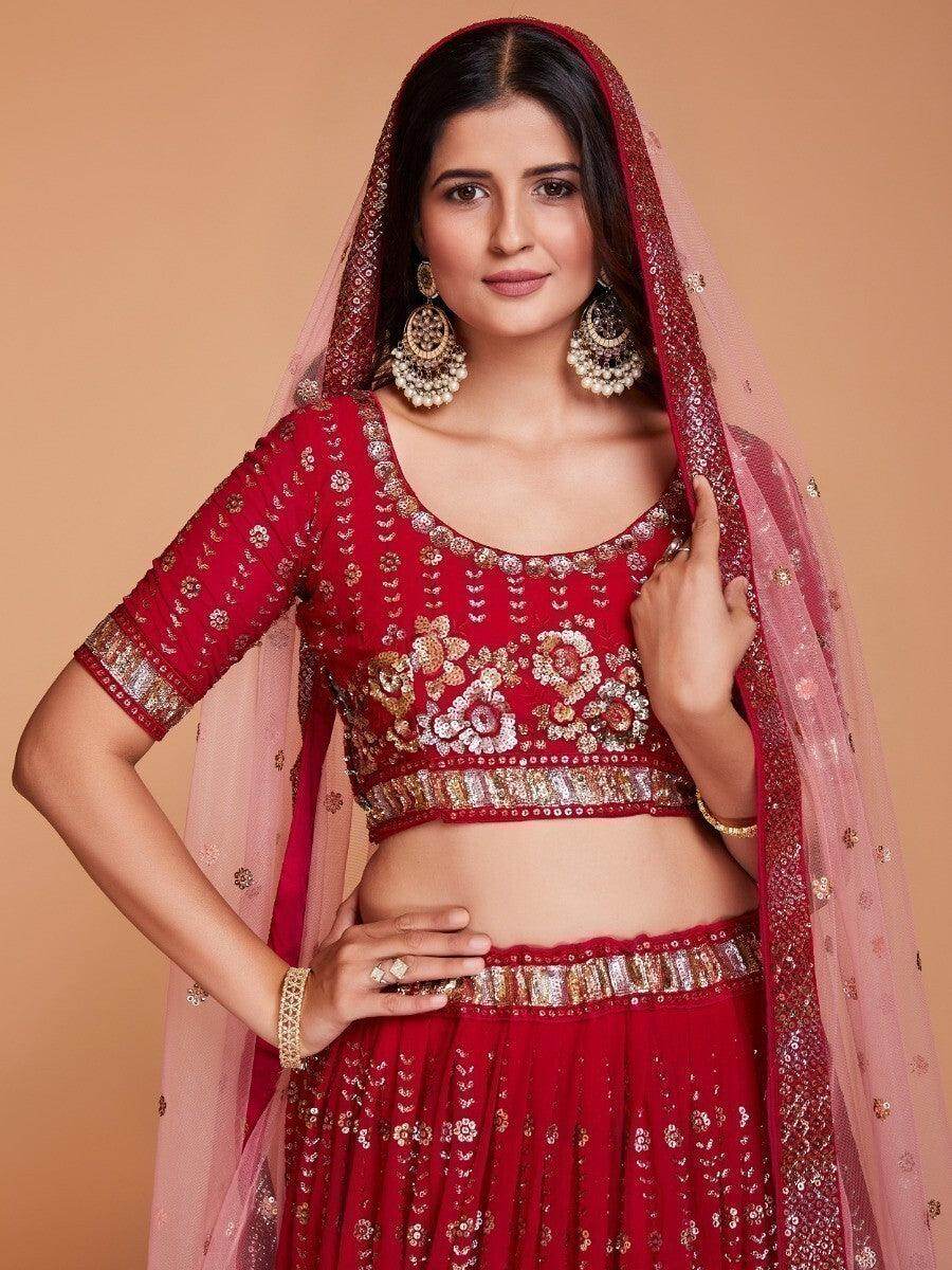 Attractive Red Sequins Georgette Wedding Wear Lehenga Choli With Dupatta - Zeel Clothing
