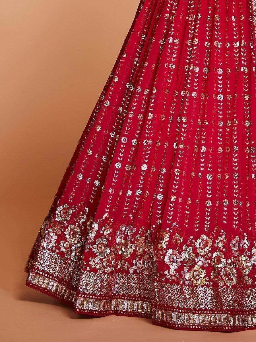 Attractive Red Sequins Georgette Wedding Wear Lehenga Choli With Dupatta - Zeel Clothing