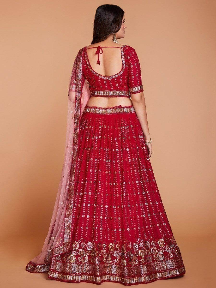 Attractive Red Sequins Georgette Wedding Wear Lehenga Choli With Dupatta - Zeel Clothing