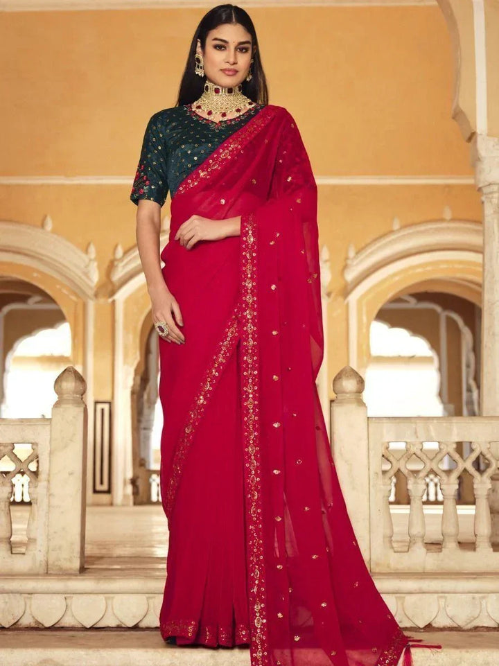 Attractive Red Sequins Work Chinon Party Wear Saree With Blouse