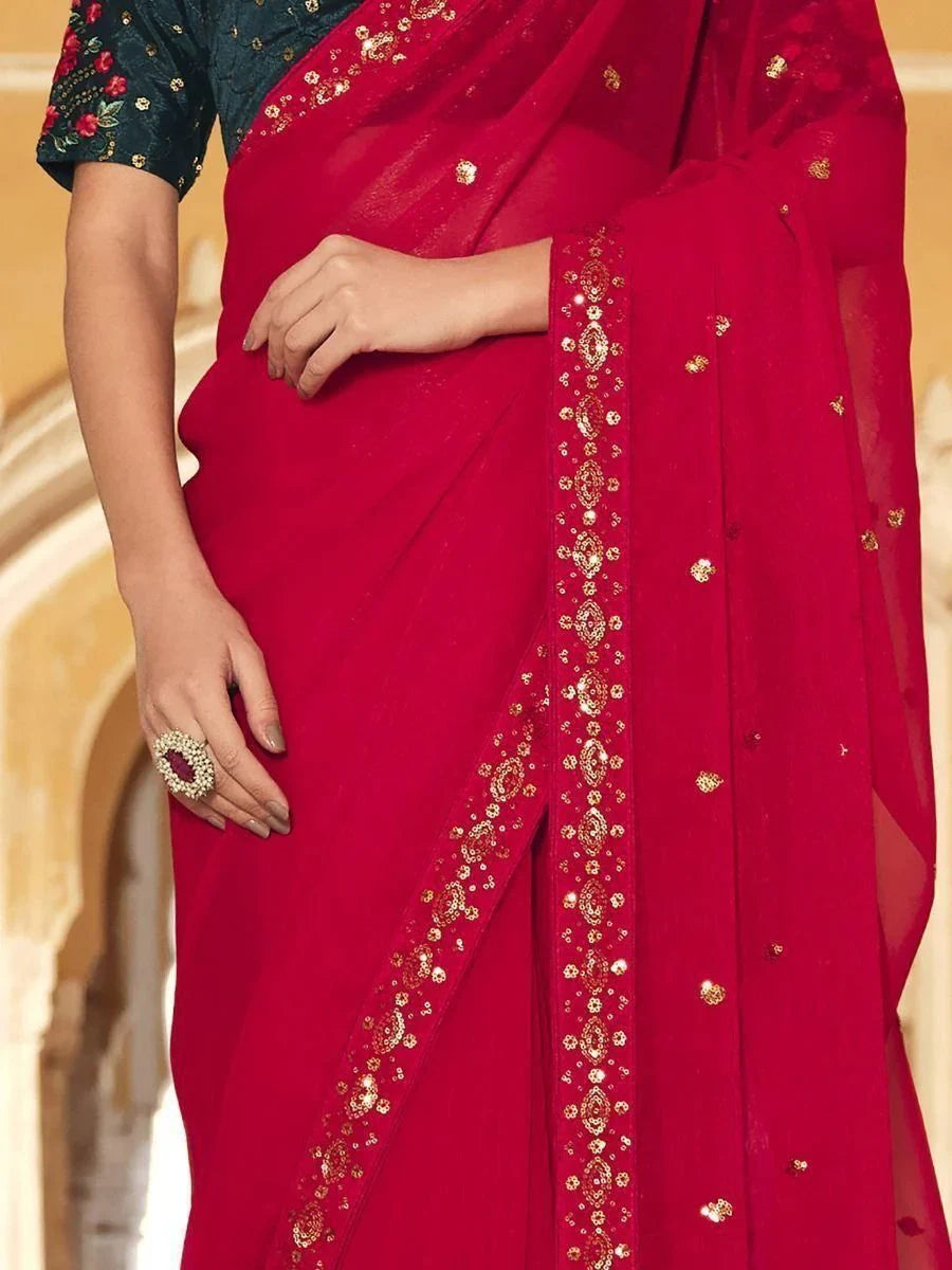 Attractive Red Sequins Work Chinon Party Wear Saree With Blouse