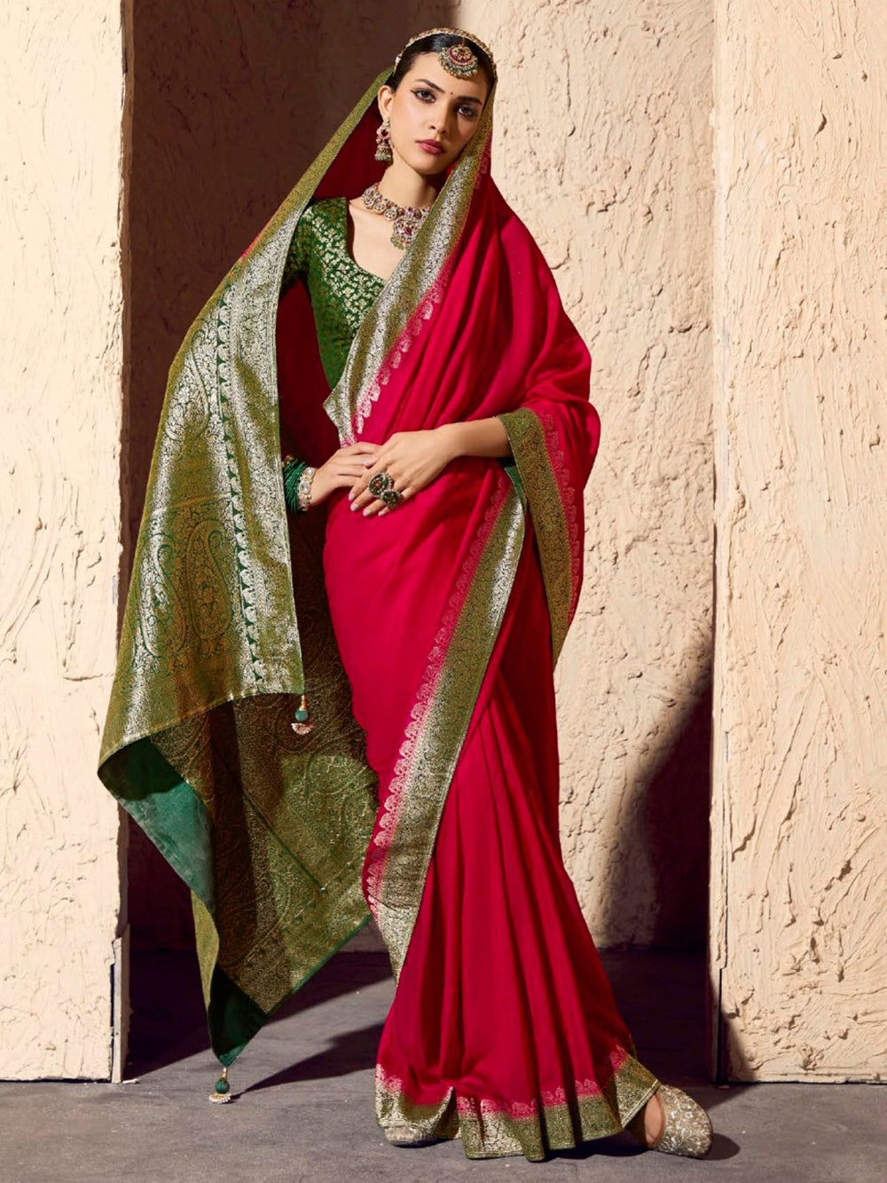 Attractive Red Weaving Work Georgette Wedding Wear Saree With Blouse