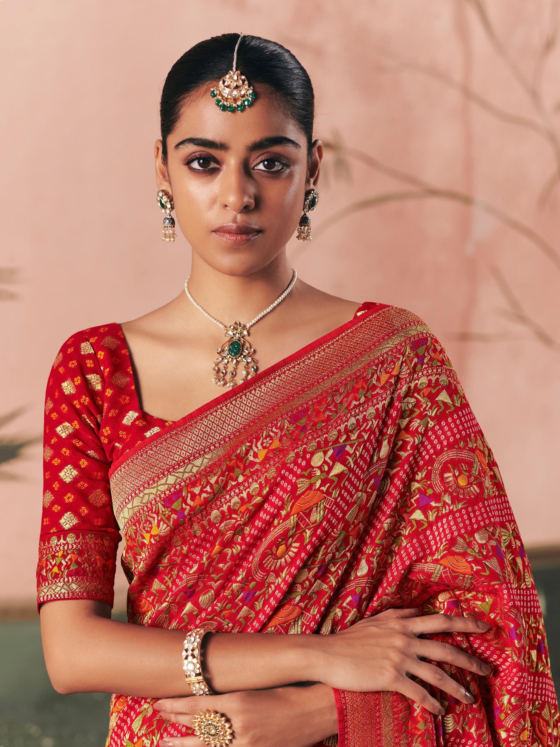 Attractive Red Weaving Work Silk Bridal Wear Saree With Blouse