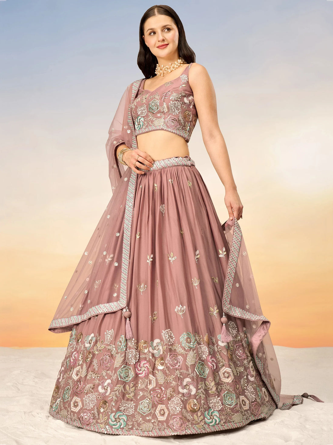 Attractive Rose Gold Embroidered Georgette Lehenga Choli With Dupatta