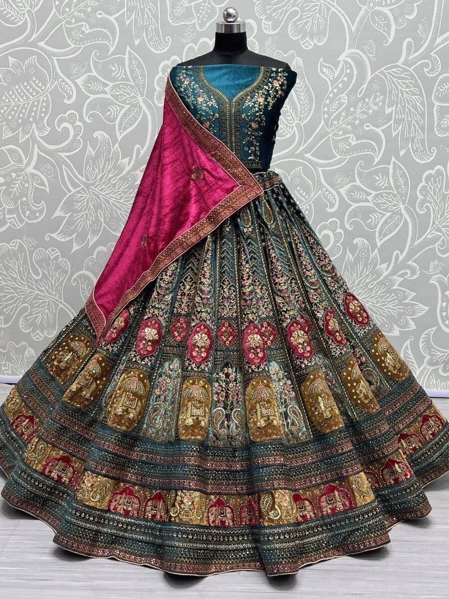 Attractive Royal Blue Embroidered Velvet Lehenga Choli With Double Dupatta