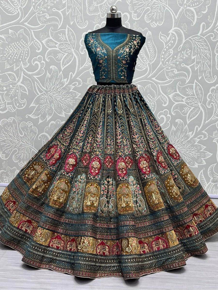 Attractive Royal Blue Embroidered Velvet Lehenga Choli With Double Dupatta - Zeel Clothing