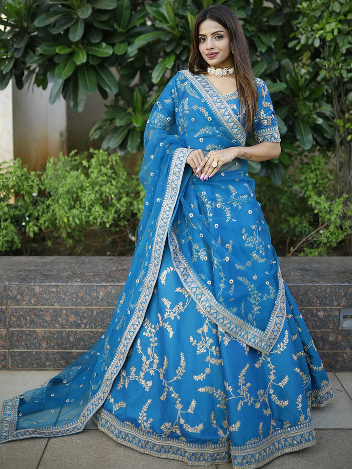 Attractive Royal Blue Thread Embroidery Art Silk Wedding Lehenga Choli - Zeel Clothing