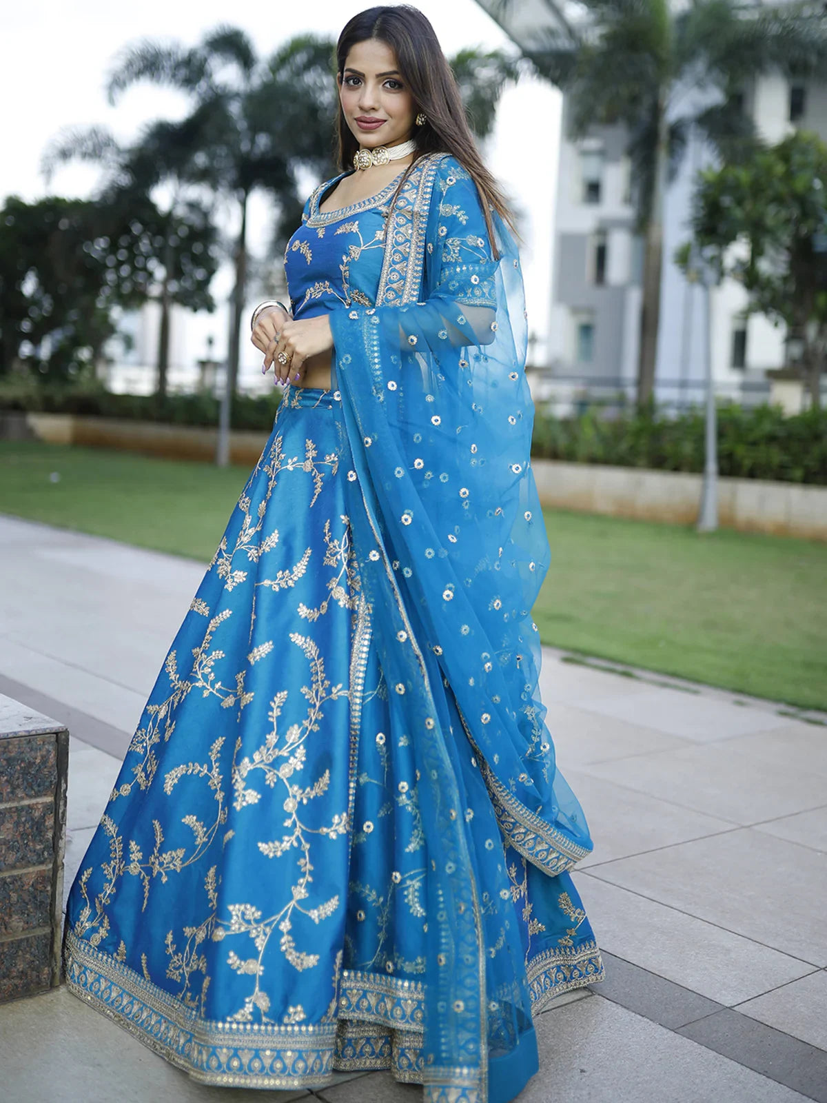Attractive Royal Blue Thread Embroidery Art Silk Wedding Lehenga Choli - Zeel Clothing