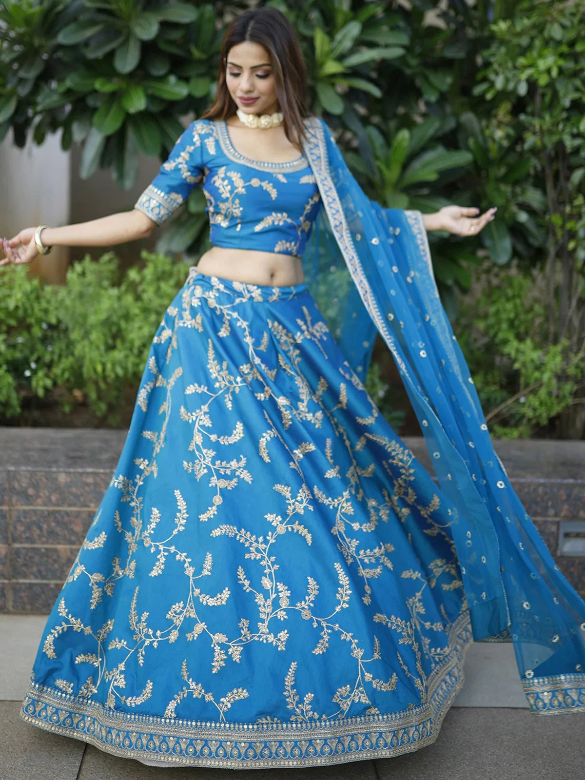 Attractive Royal Blue Thread Embroidery Art Silk Wedding Lehenga Choli - Zeel Clothing