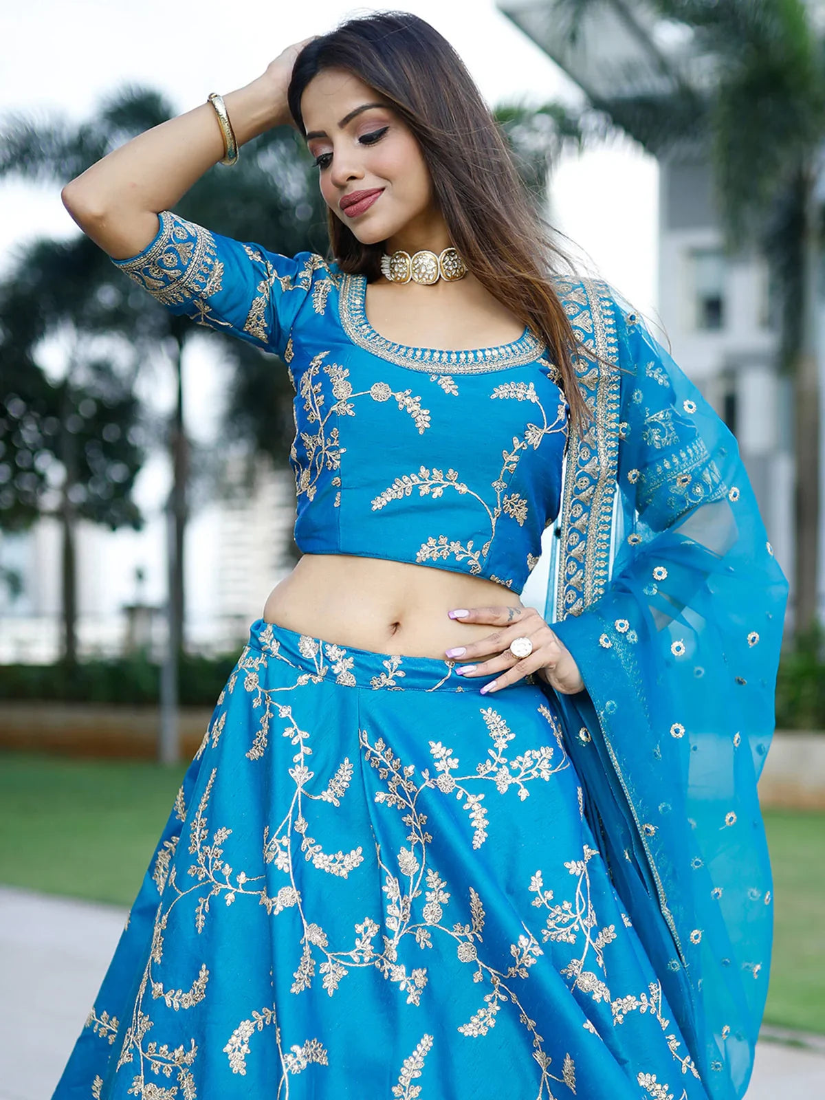 Attractive Royal Blue Thread Embroidery Art Silk Wedding Lehenga Choli - Zeel Clothing
