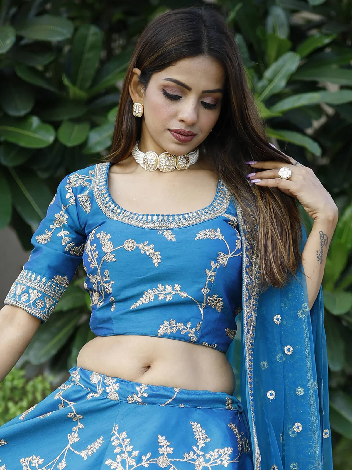 Attractive Royal Blue Thread Embroidery Art Silk Wedding Lehenga Choli - Zeel Clothing