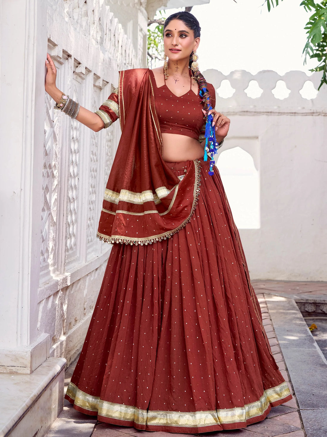 Attractive Rust Orange Zari Weaving Chanderi Silk Festive Wear Lehenga Choli - Zeel Clothing