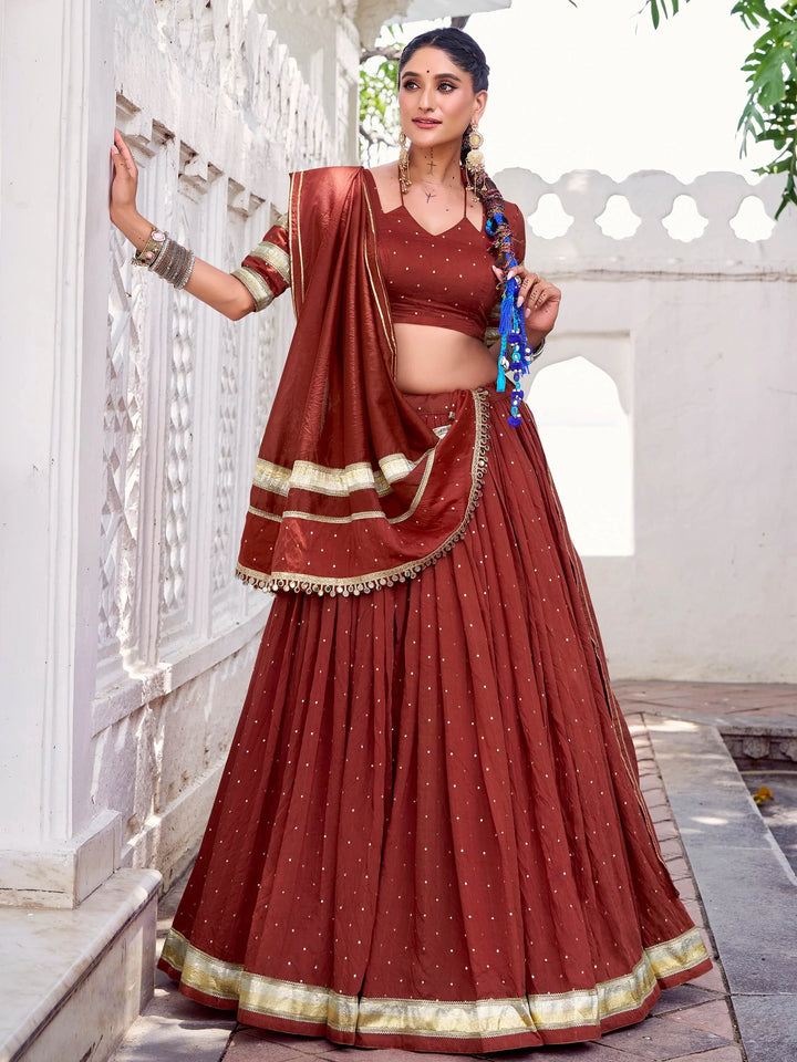 Attractive Rust Orange Zari Weaving Chanderi Silk Festive Wear Lehenga Choli - Zeel Clothing