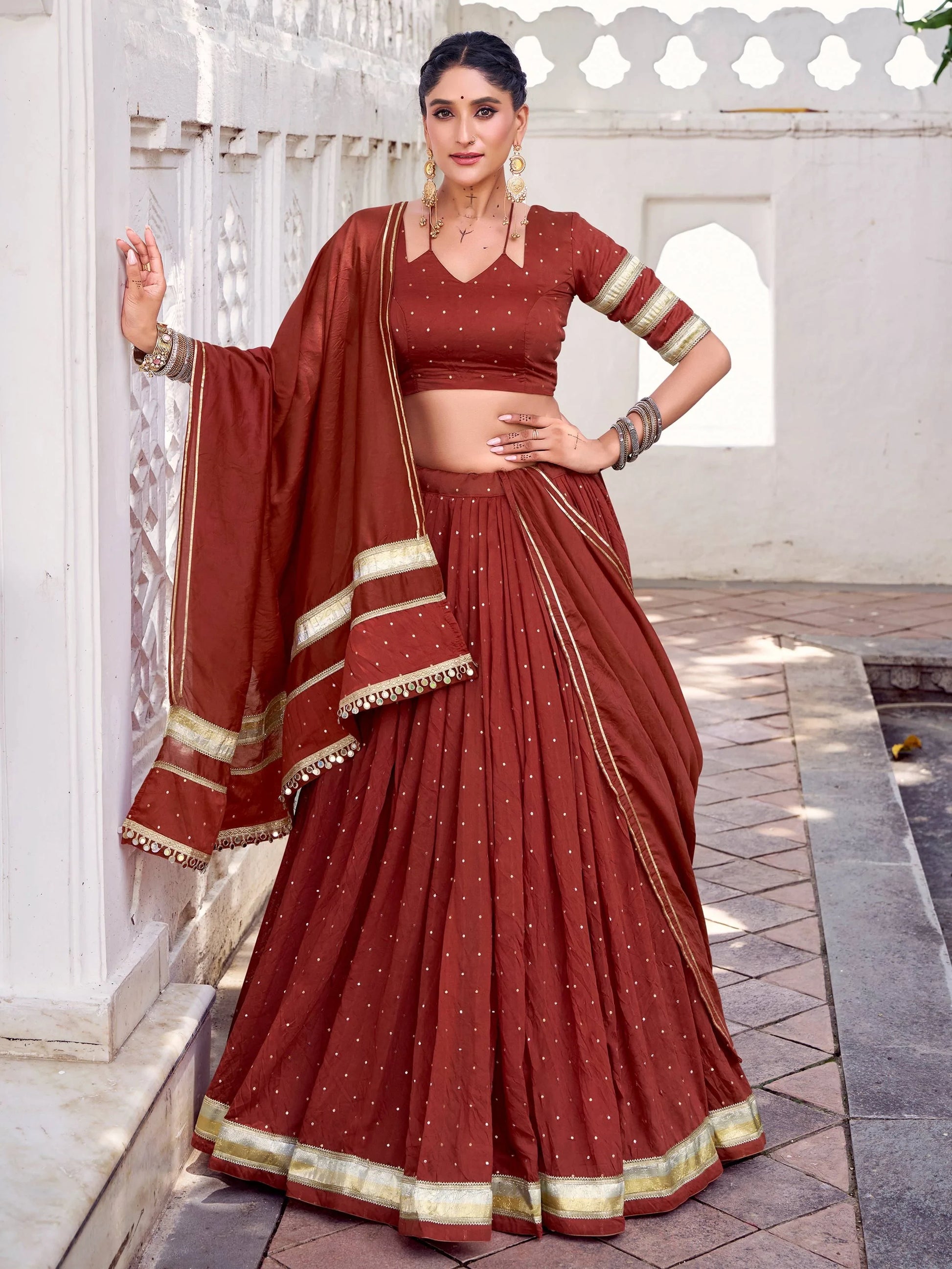 Attractive Rust Orange Zari Weaving Chanderi Silk Festive Wear Lehenga Choli - Zeel Clothing