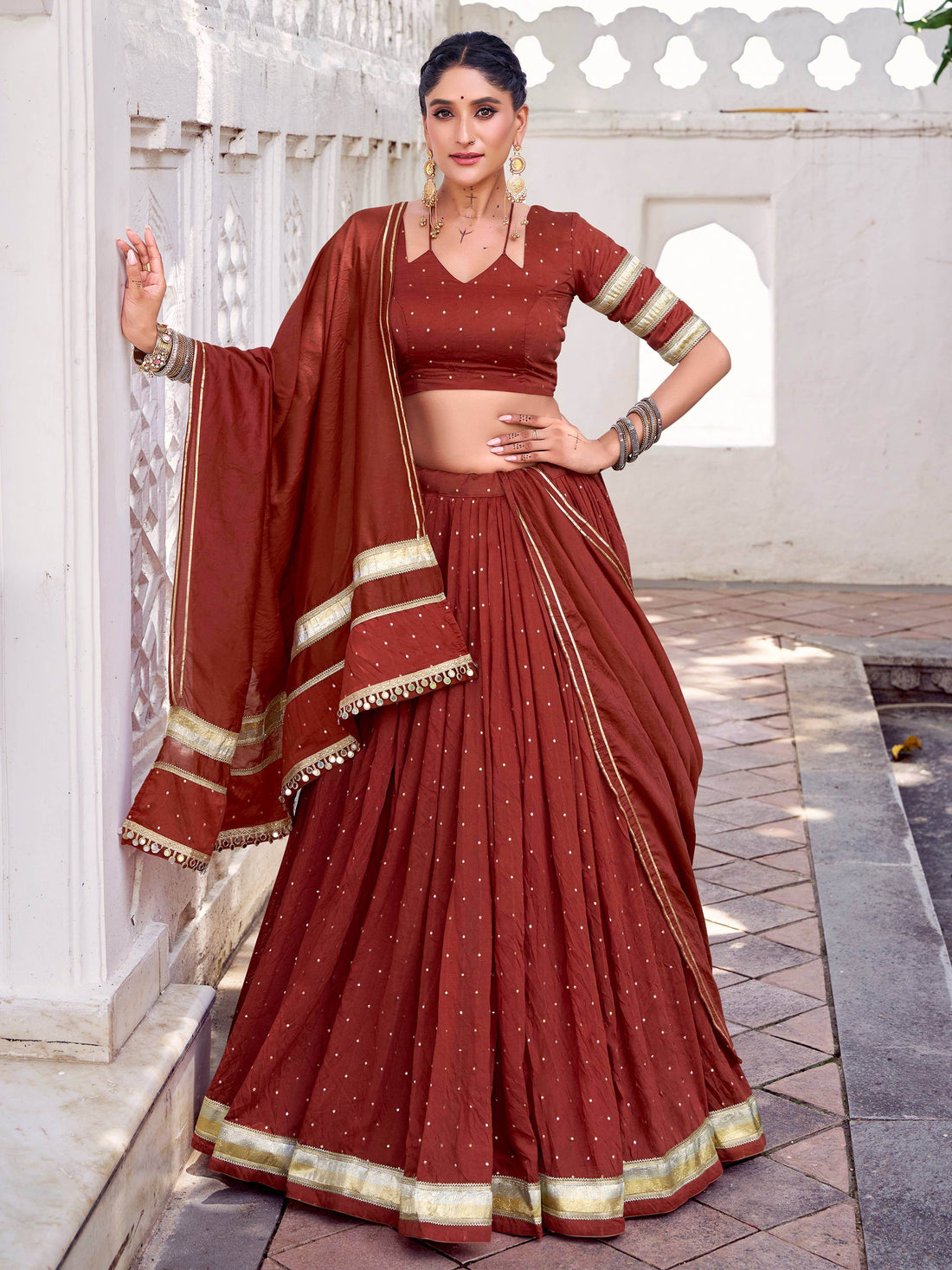 Attractive Rust Orange Zari Weaving Chanderi Silk Festive Wear Lehenga Choli - Zeel Clothing