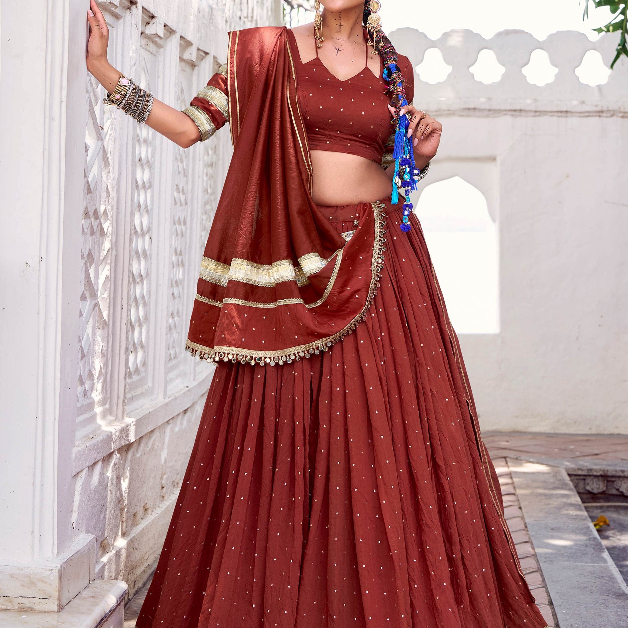 Attractive Rust Orange Zari Weaving Chanderi Silk Festive Wear Lehenga Choli - Zeel Clothing