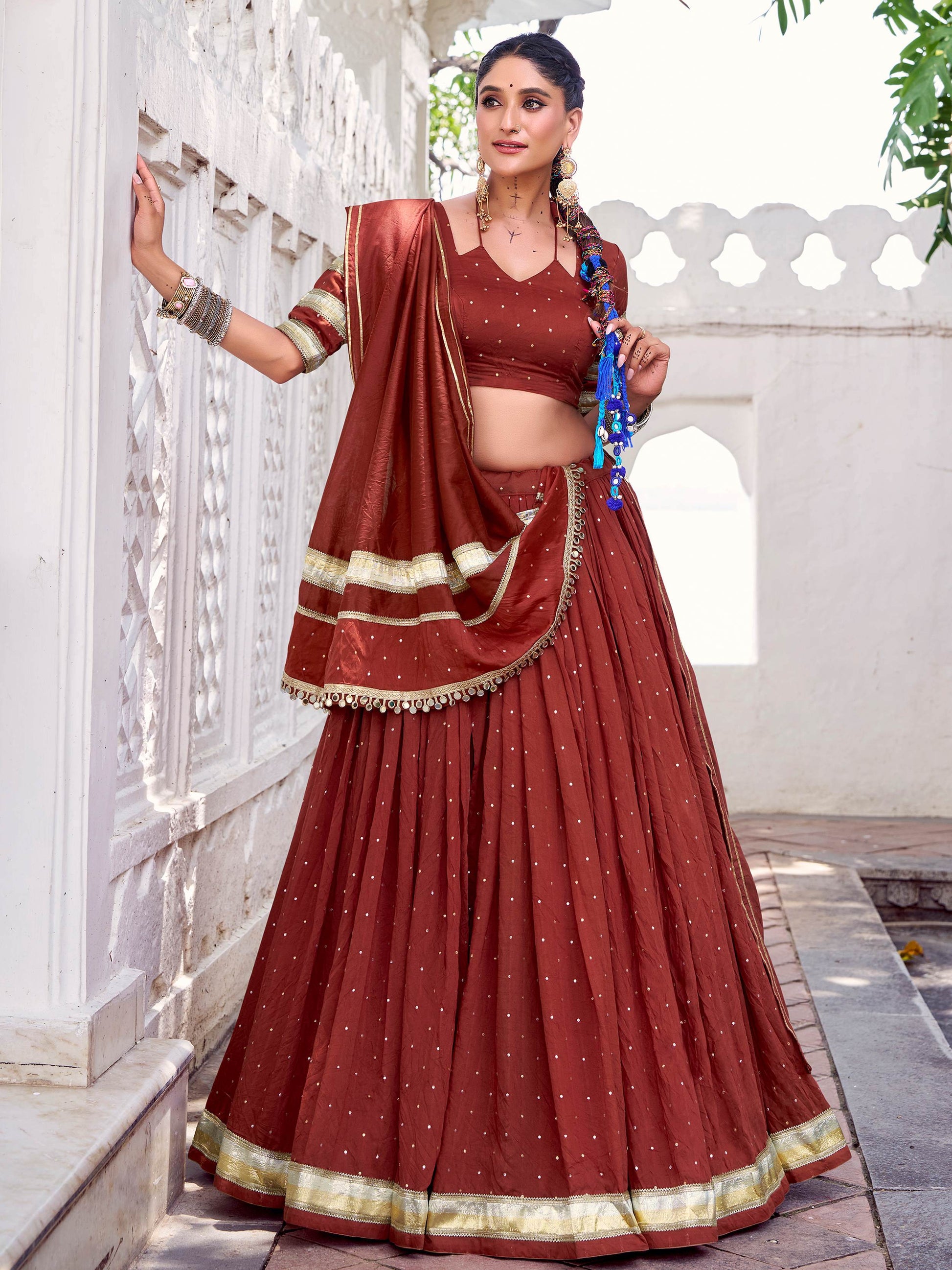 Attractive Rust Orange Zari Weaving Chanderi Silk Festive Wear Lehenga Choli - Zeel Clothing