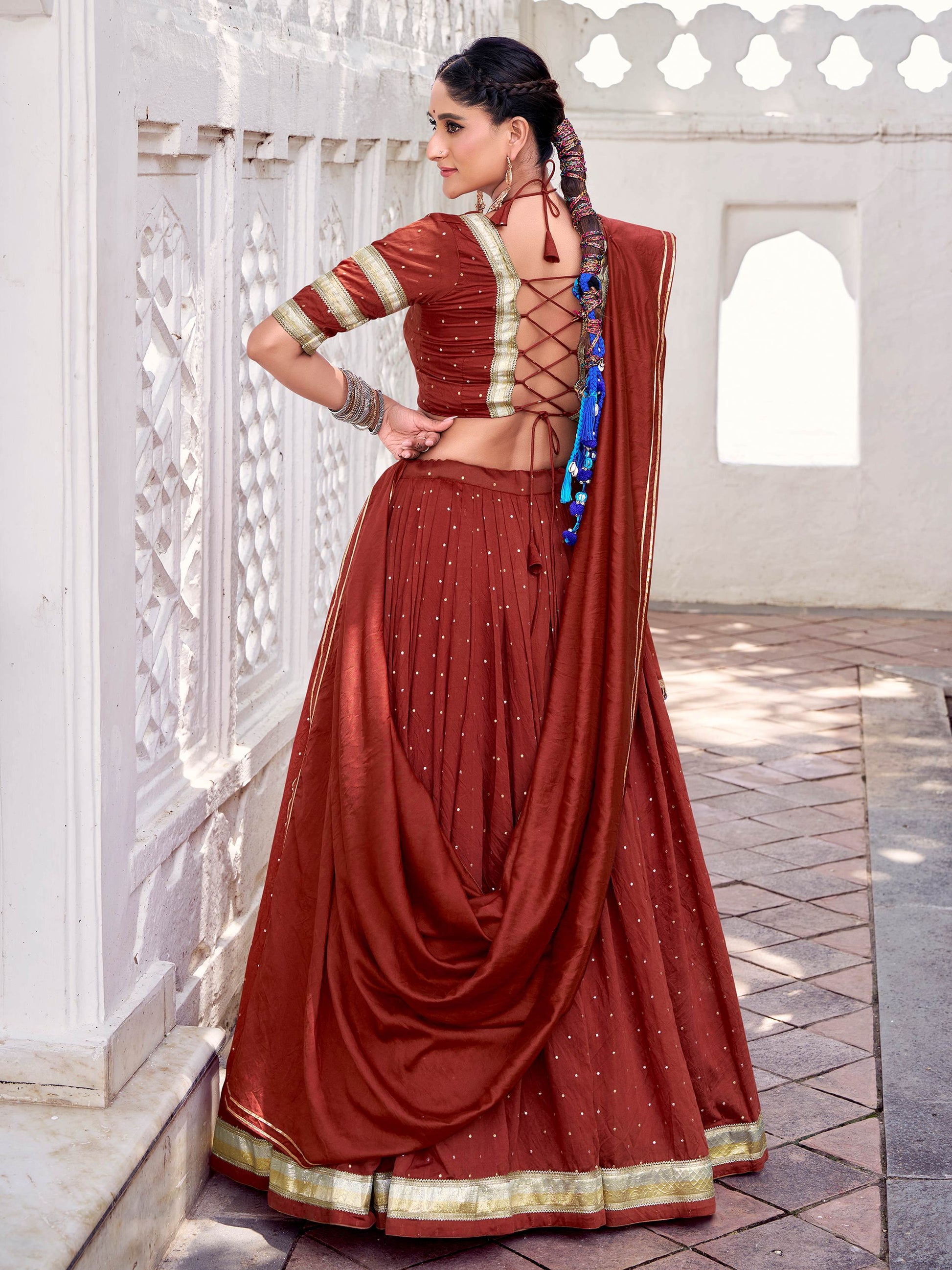 Attractive Rust Orange Zari Weaving Chanderi Silk Festive Wear Lehenga Choli - Zeel Clothing