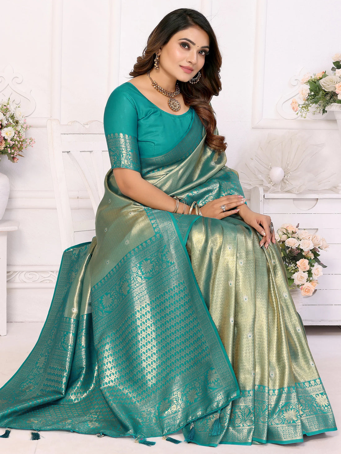 Attractive Sea Green Zari Weaving Banarasi Silk Festive Wear Saree - Zeel Clothing