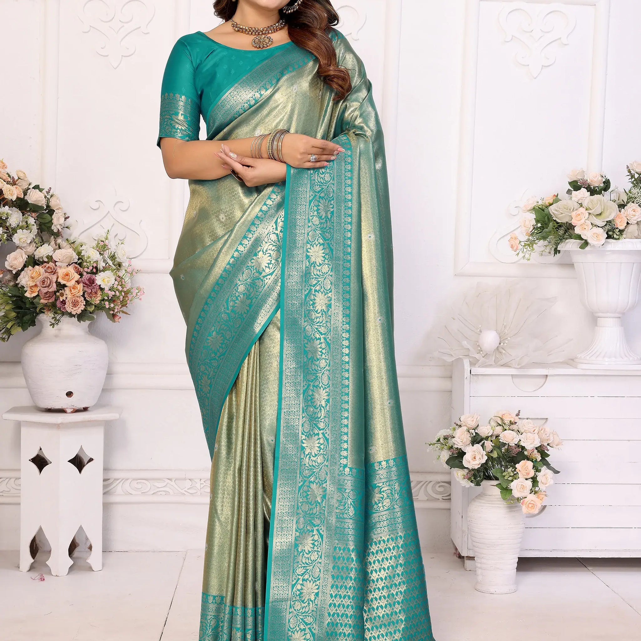 Attractive Sea Green Zari Weaving Banarasi Silk Festive Wear Saree - Zeel Clothing