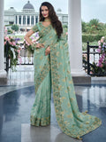 Attractive Sea Green Zari Weaving Organza Engagement Wear Saree - Zeel Clothing