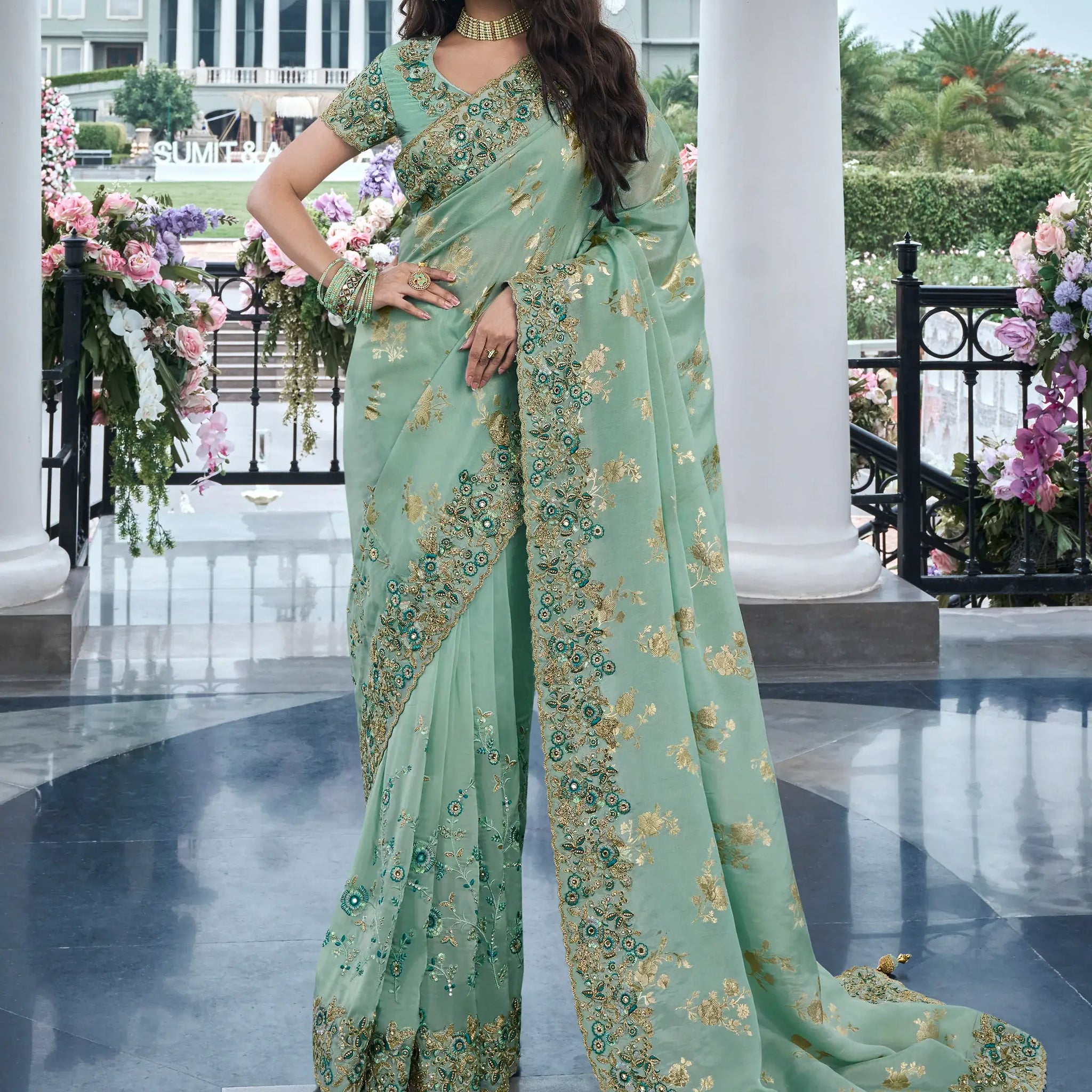 Attractive Sea Green Zari Weaving Organza Engagement Wear Saree - Zeel Clothing