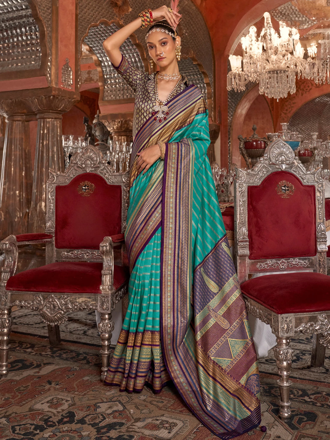 Attractive Sea Green Zari Weaving Silk Traditional Saree With Blouse - Zeel Clothing