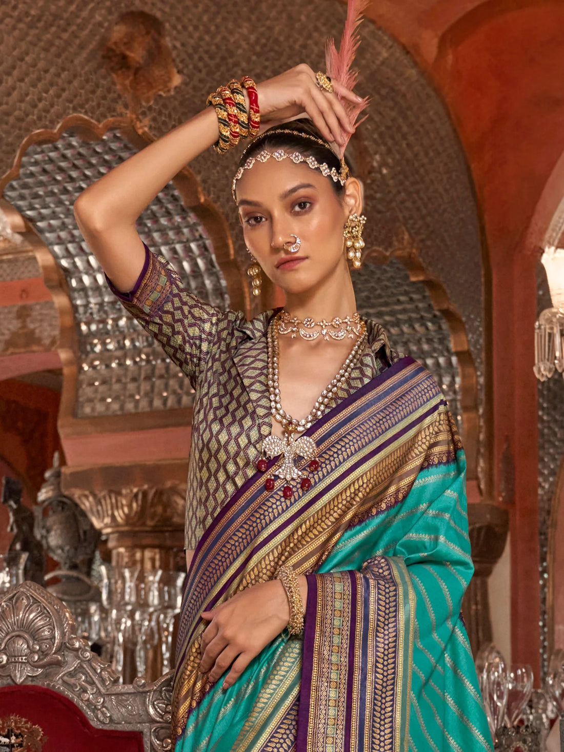 Attractive Sea Green Zari Weaving Silk Traditional Saree With Blouse - Zeel Clothing