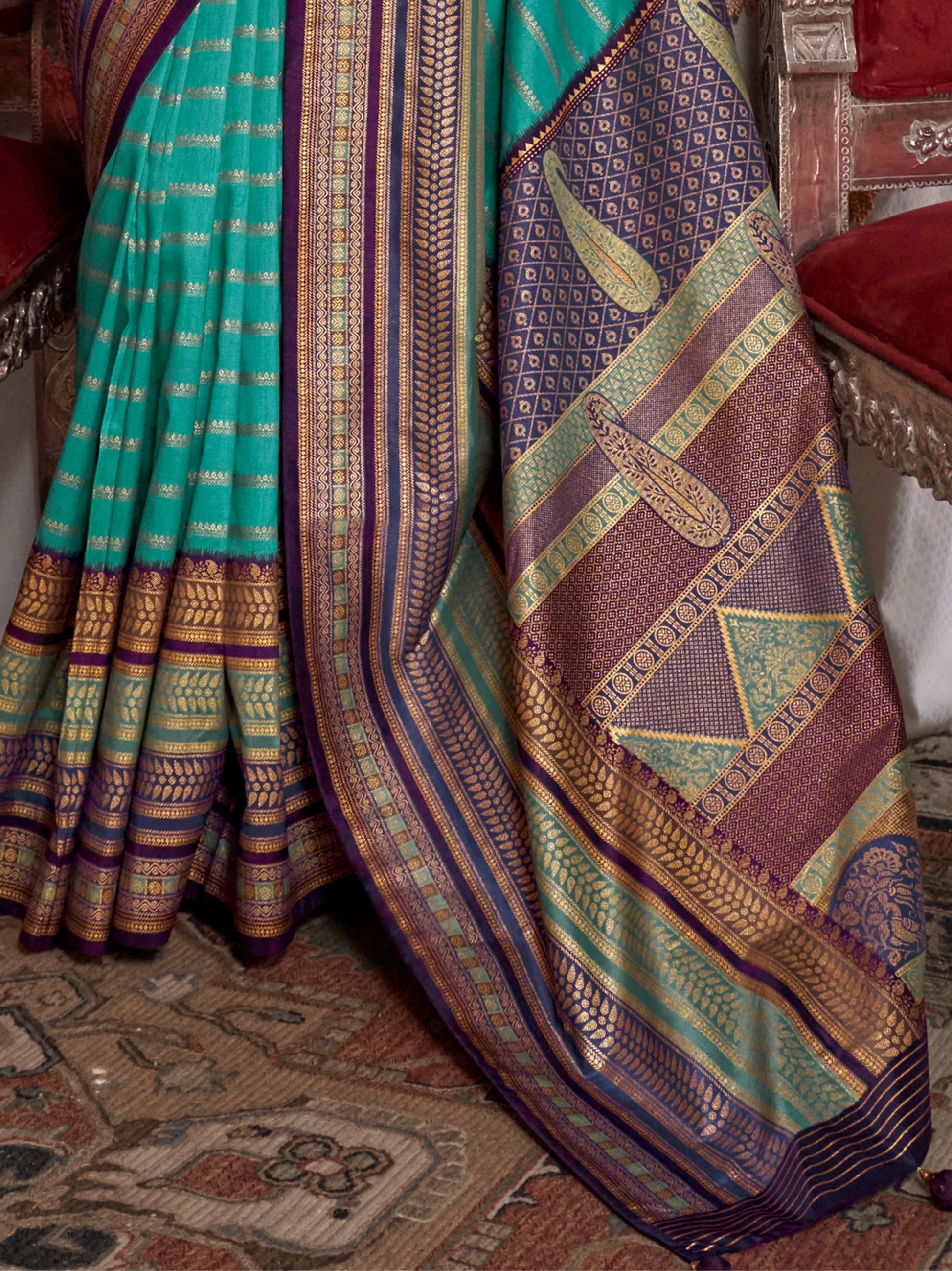 Attractive Sea Green Zari Weaving Silk Traditional Saree With Blouse - Zeel Clothing