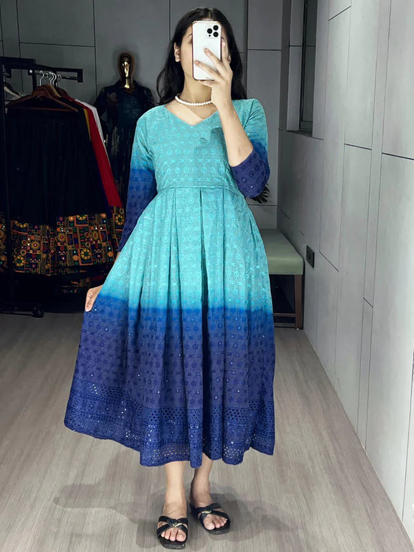 Attractive Sky-Blue Chikankari Cotton Party Wear Dress - Zeel Clothing