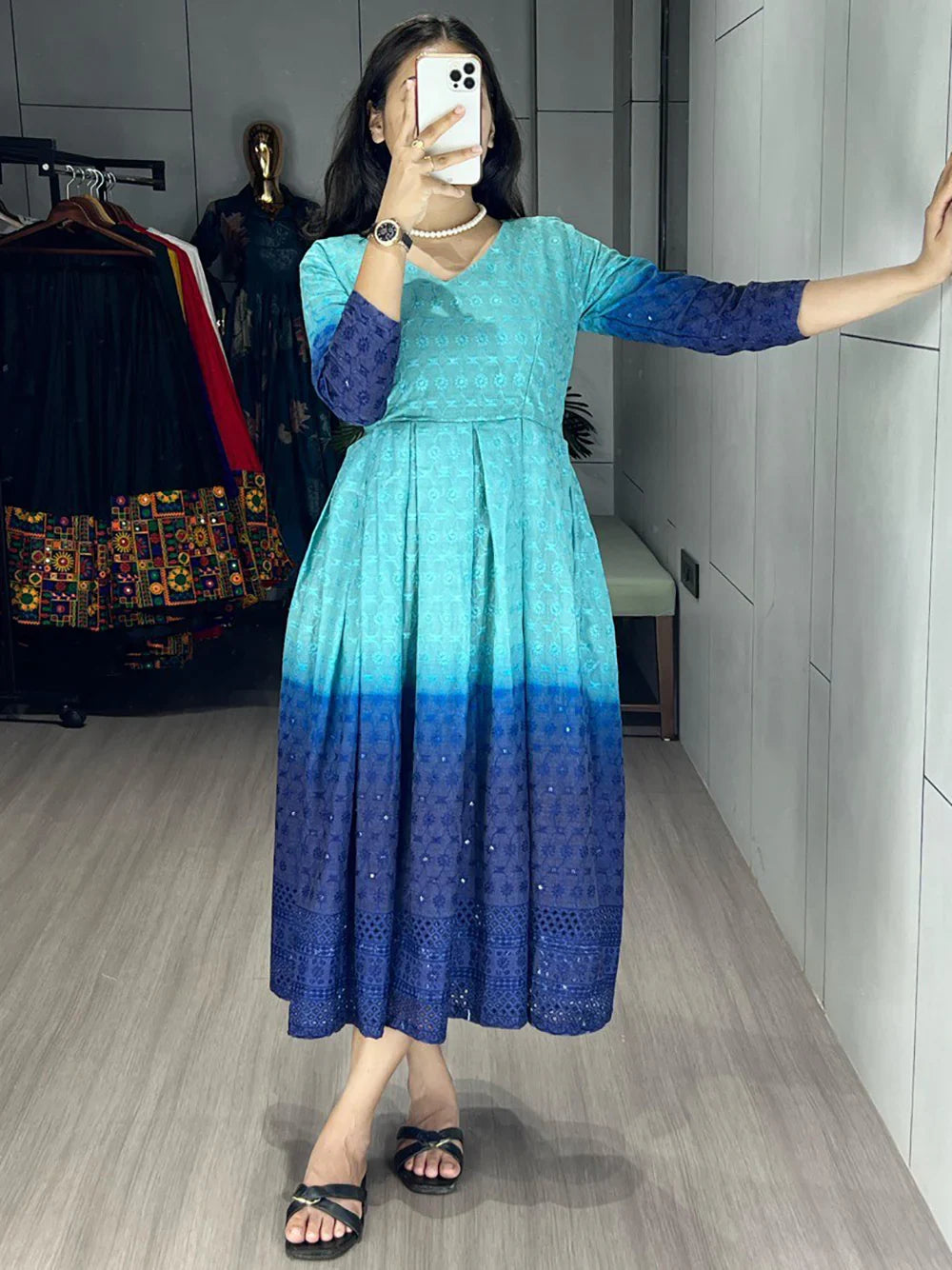 Attractive Sky-Blue Chikankari Cotton Party Wear Dress - Zeel Clothing