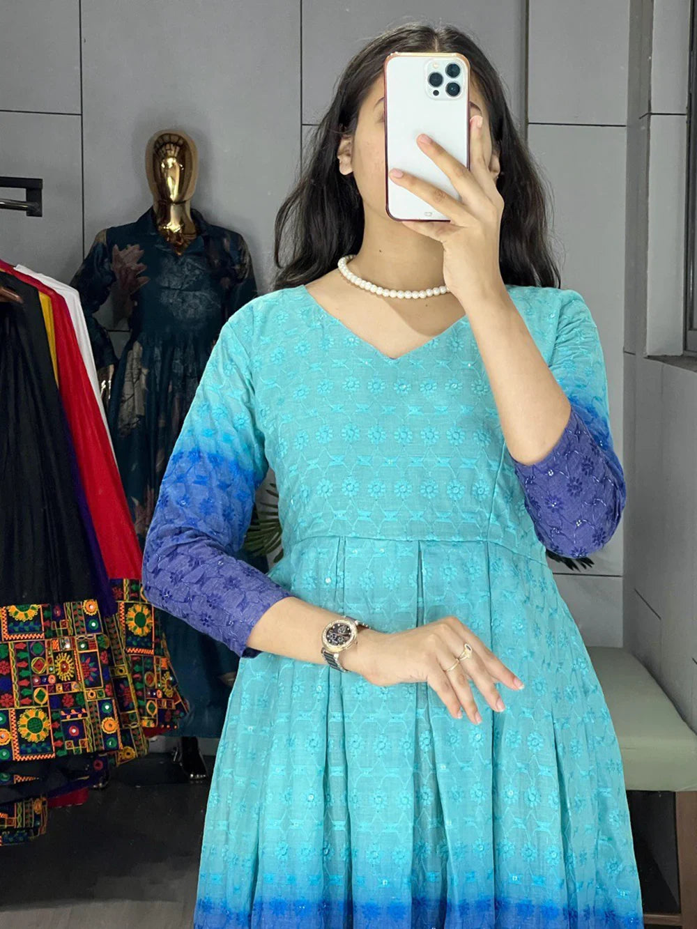 Attractive Sky-Blue Chikankari Cotton Party Wear Dress - Zeel Clothing