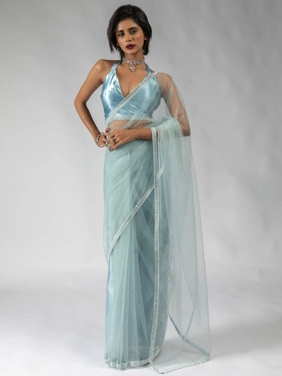 Attractive Sky-Blue Diamond Work Net Festive Wear Pre-Stitched Saree - Zeel Clothing