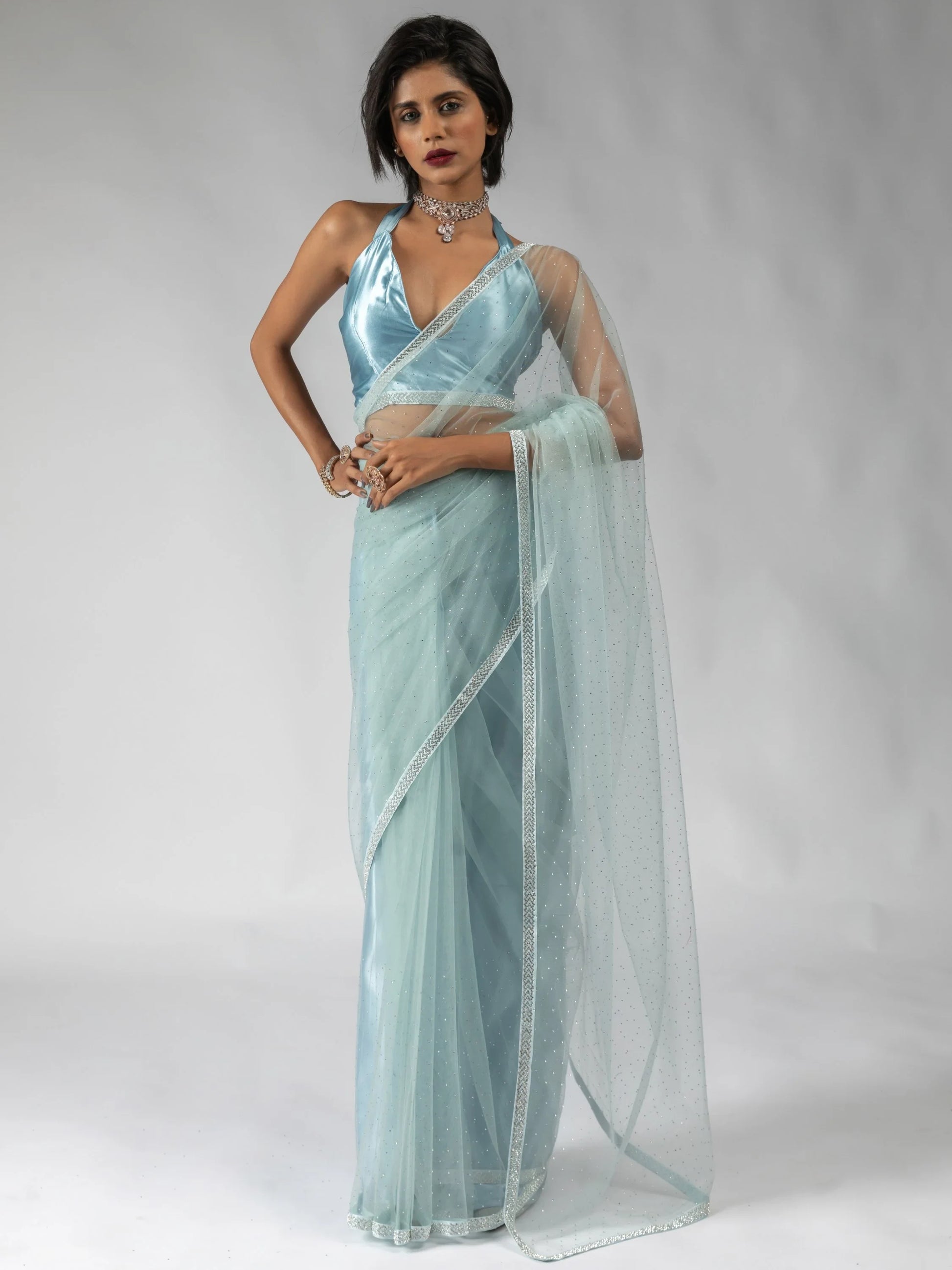 Attractive Sky-Blue Diamond Work Net Festive Wear Pre-Stitched Saree - Zeel Clothing