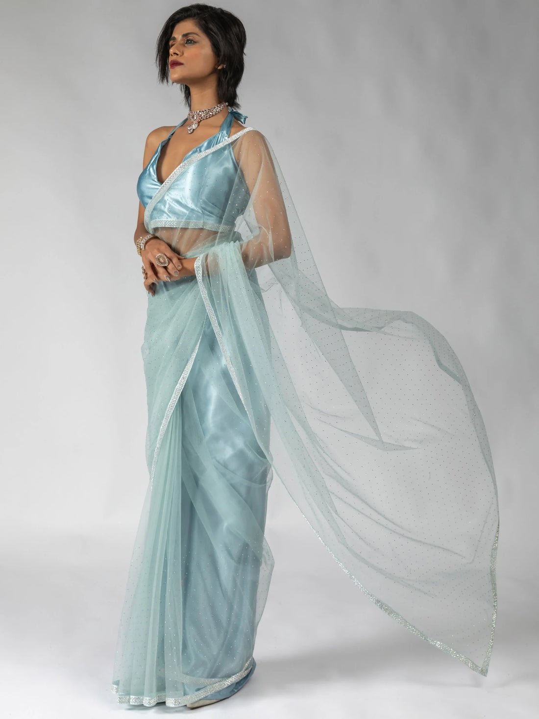 Attractive Sky-Blue Diamond Work Net Festive Wear Pre-Stitched Saree - Zeel Clothing