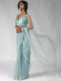 Attractive Sky-Blue Diamond Work Net Festive Wear Pre-Stitched Saree - Zeel Clothing