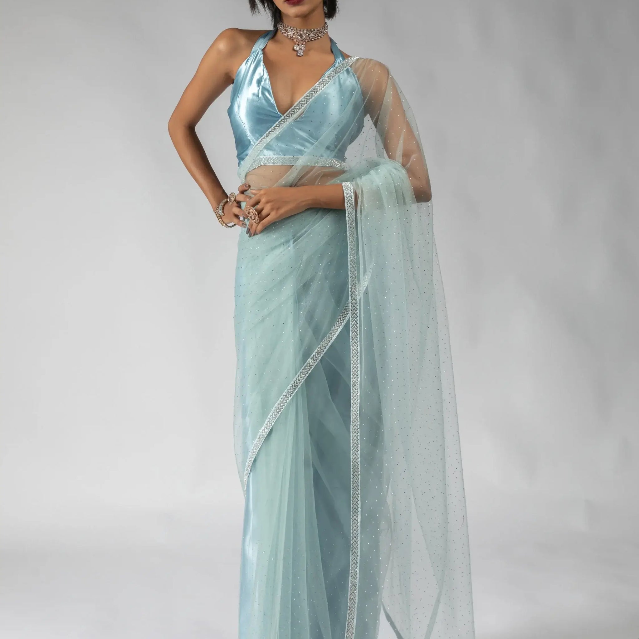 Attractive Sky-Blue Diamond Work Net Festive Wear Pre-Stitched Saree - Zeel Clothing