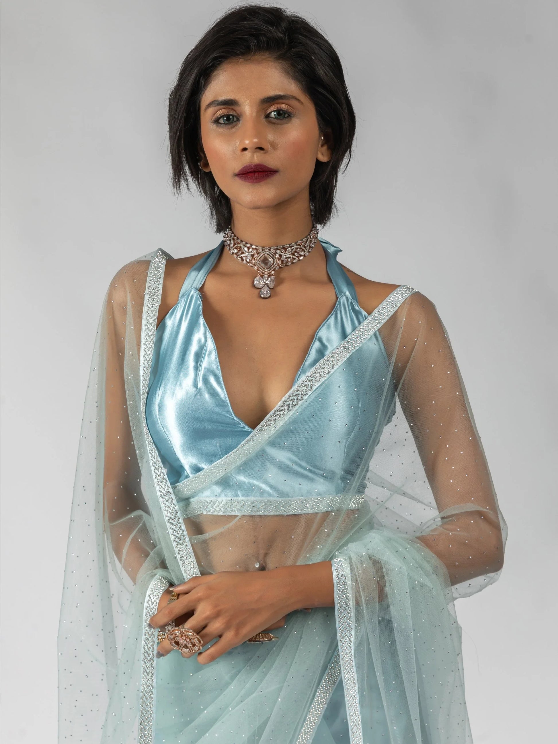Attractive Sky-Blue Diamond Work Net Festive Wear Pre-Stitched Saree - Zeel Clothing