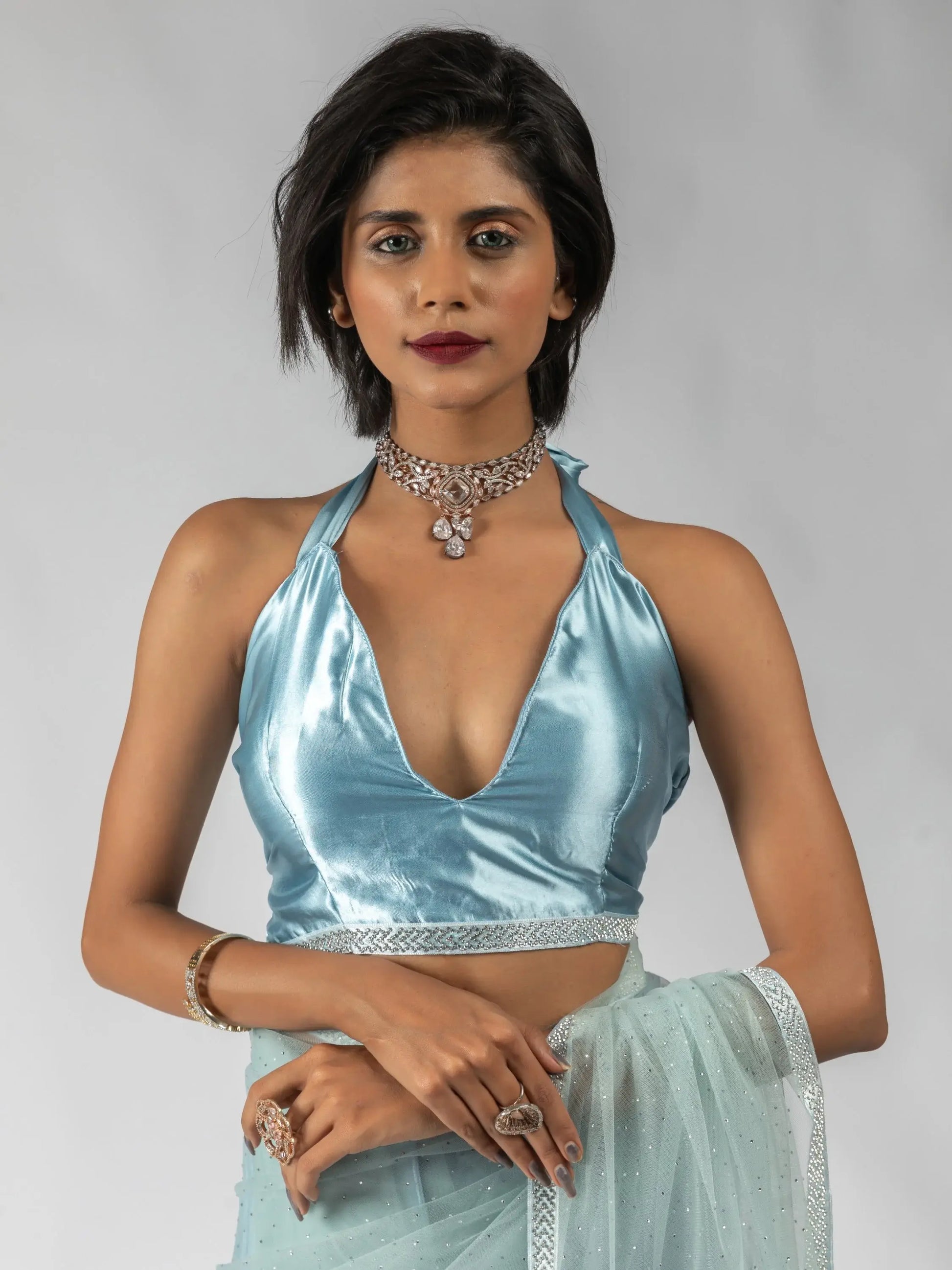 Attractive Sky-Blue Diamond Work Net Festive Wear Pre-Stitched Saree - Zeel Clothing