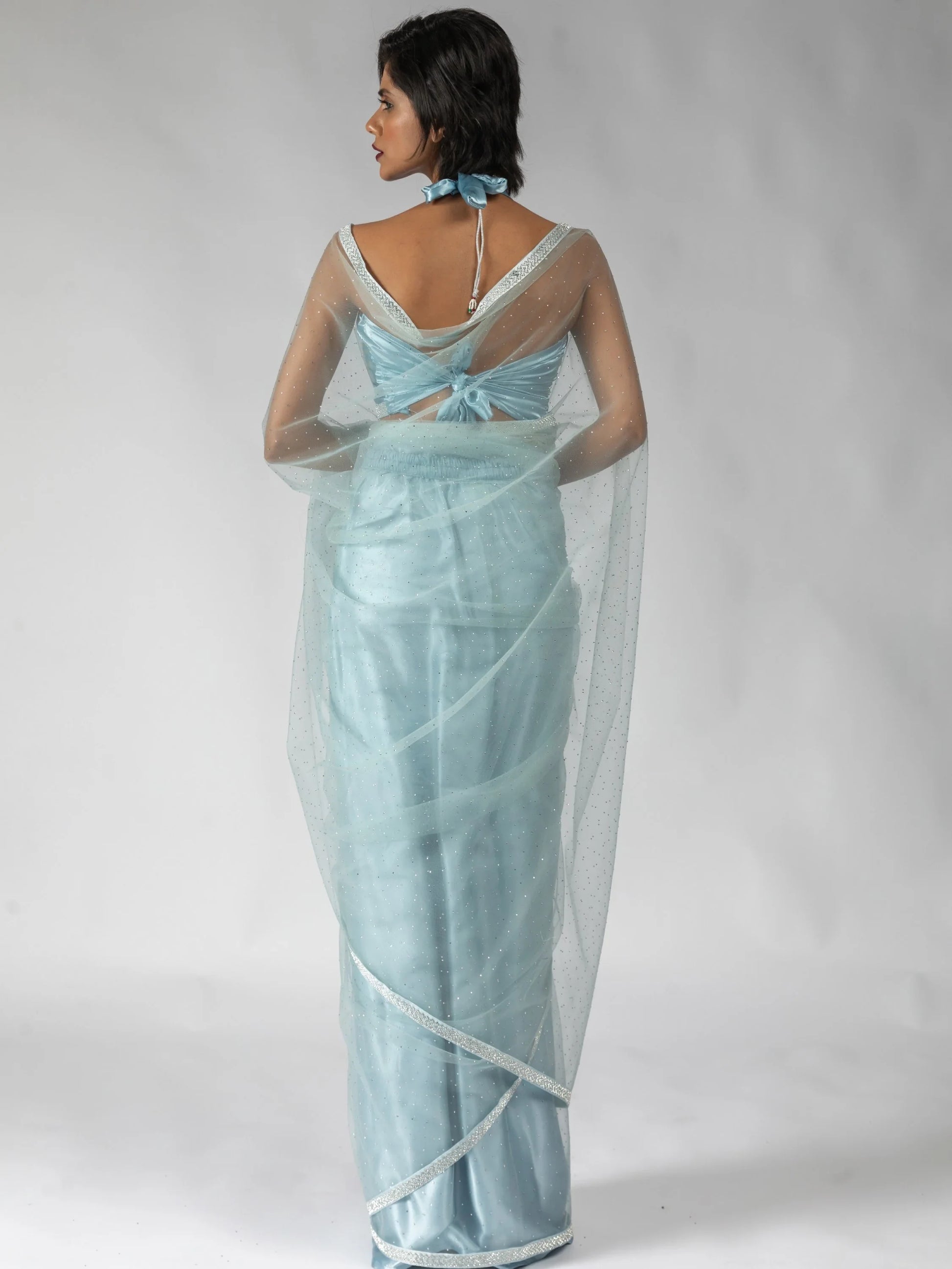 Attractive Sky-Blue Diamond Work Net Festive Wear Pre-Stitched Saree - Zeel Clothing