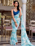 Attractive Sky Blue Floral Printed Chiffon Festive Wear Saree With Blouse - Zeel Clothing