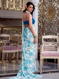 Attractive Sky Blue Floral Printed Chiffon Festive Wear Saree With Blouse - Zeel Clothing