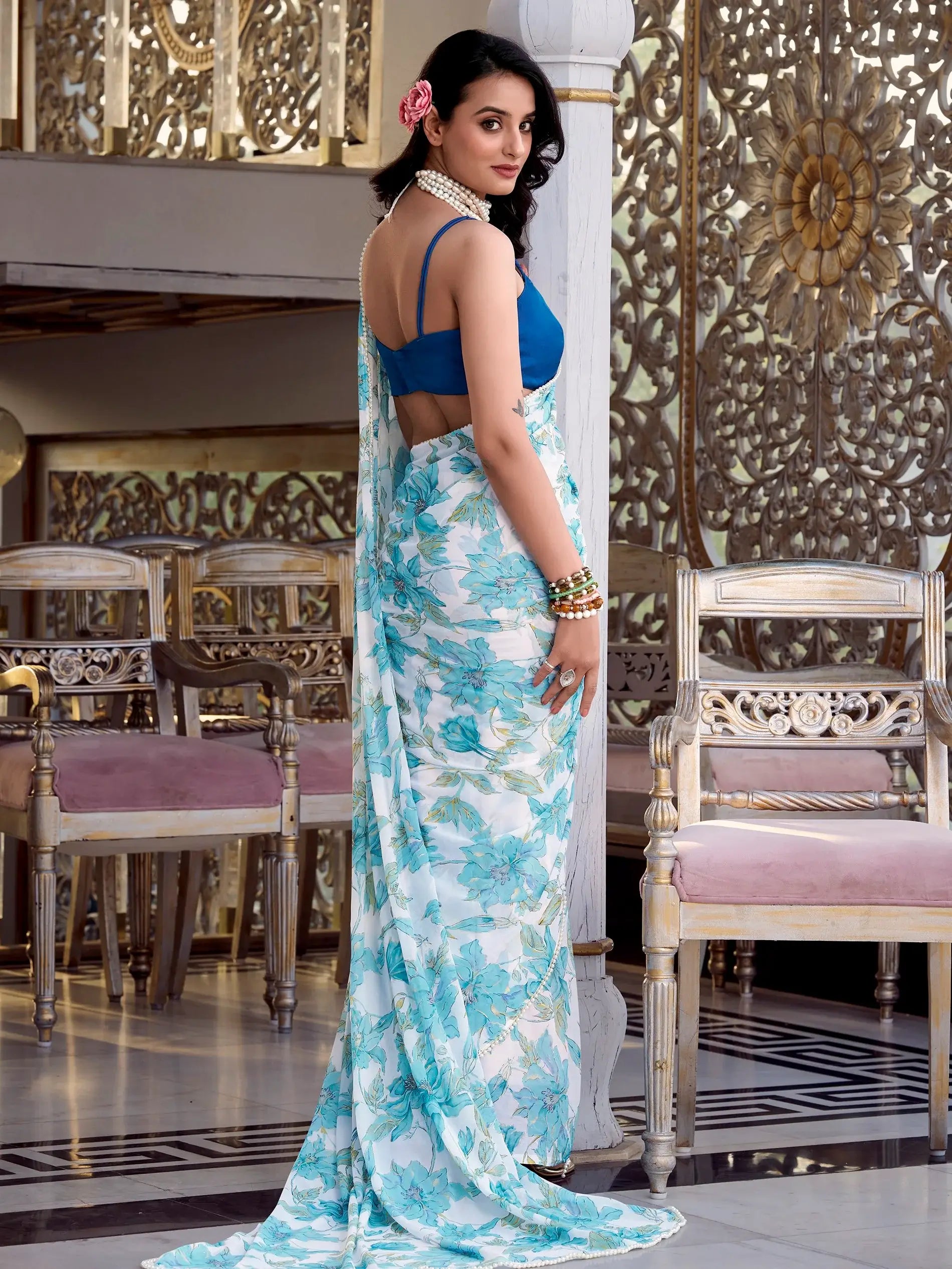Attractive Sky Blue Floral Printed Chiffon Festive Wear Saree With Blouse - Zeel Clothing