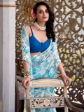 Attractive Sky Blue Floral Printed Chiffon Festive Wear Saree With Blouse - Zeel Clothing