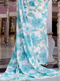Attractive Sky Blue Floral Printed Chiffon Festive Wear Saree With Blouse - Zeel Clothing