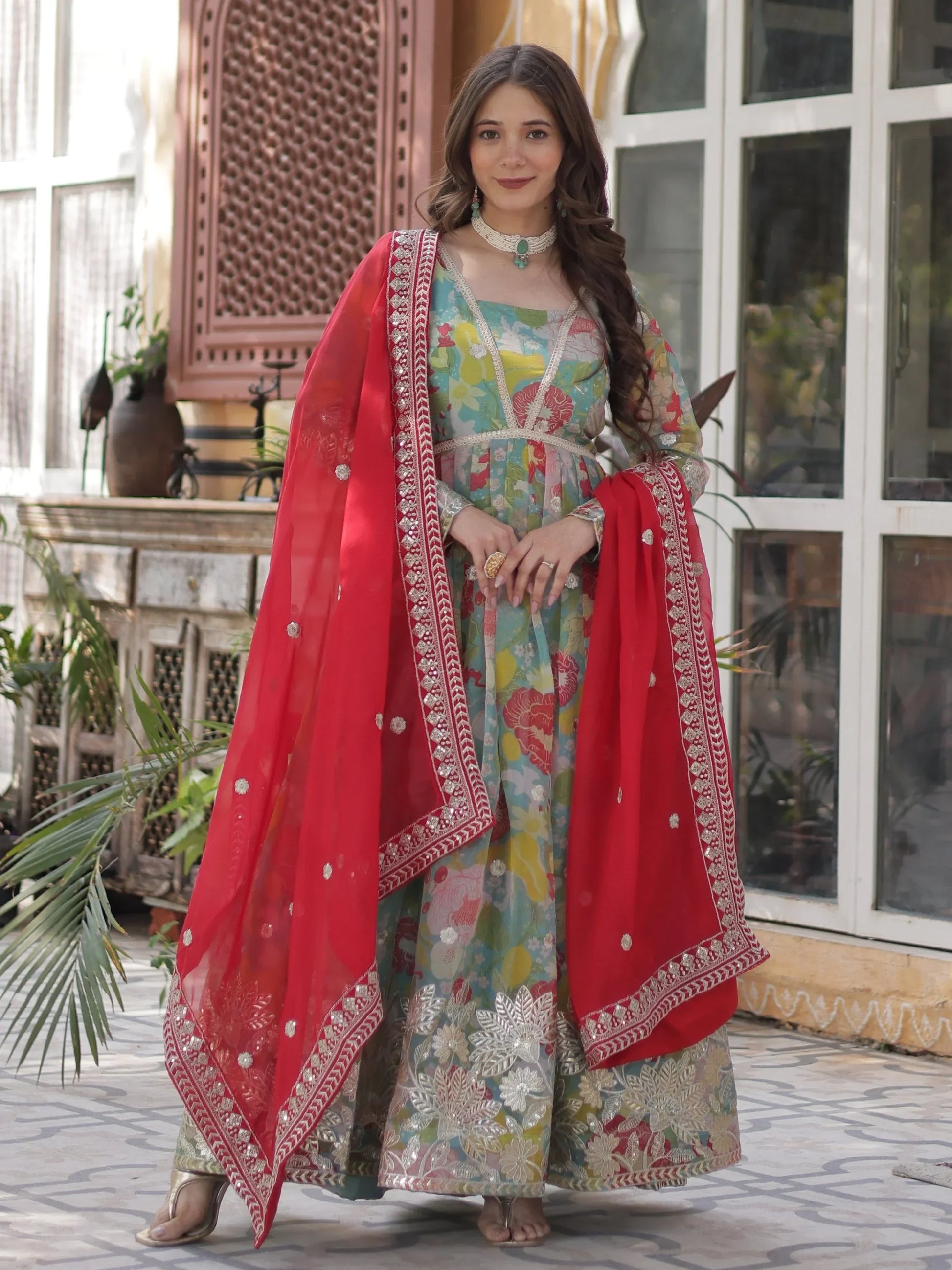 Attractive Sky-Blue Floral Printed Silk Party Wear Gown With Dupatta - Zeel Clothing