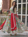 Attractive Sky-Blue Floral Printed Silk Party Wear Gown With Dupatta - Zeel Clothing