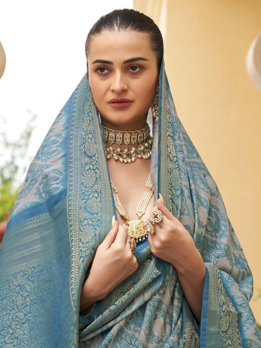 Attractive Sky Blue Floral Printed Silk Reception Wear Saree With Blouse
