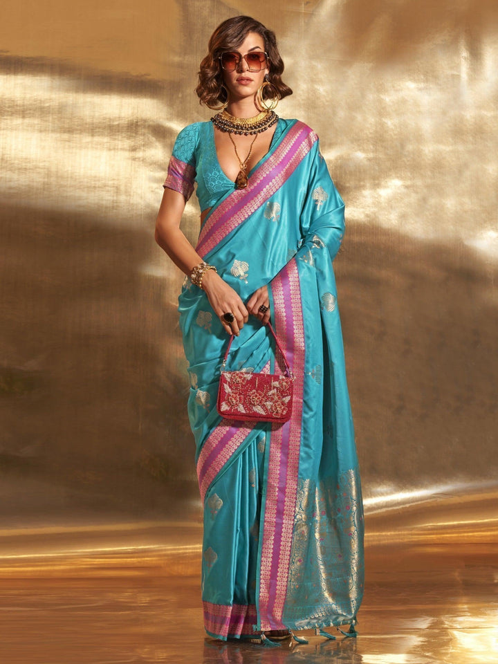 Attractive Sky-Blue Handloom Weaving Satin Saree With Blouse